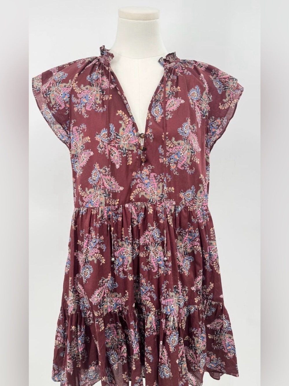 Veronica Beard Ketti Dress Burgundy Mini Flutter Sleeve Ruffle Floral 10